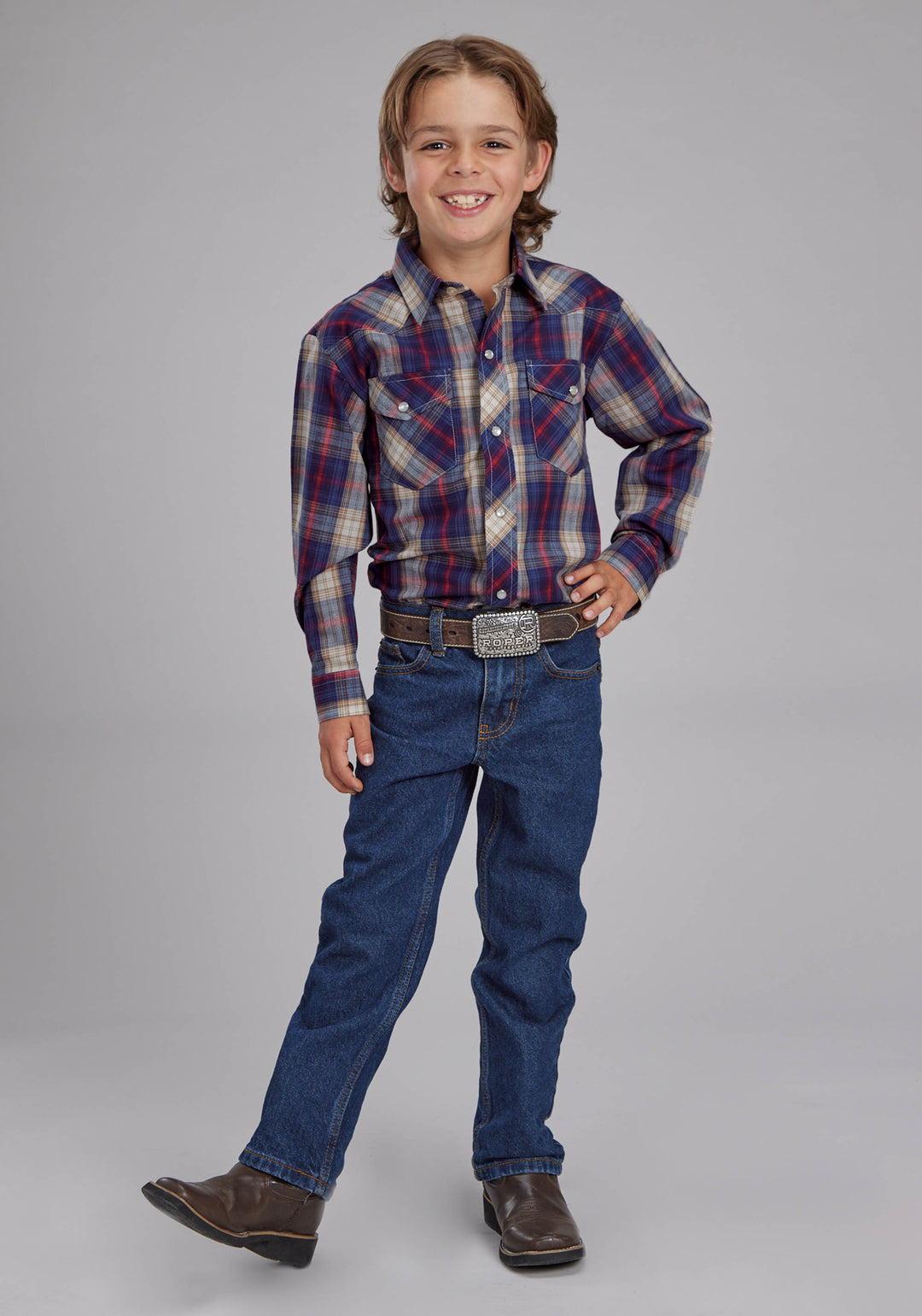 BOYS NAVY, CREAM AND RED PLAID LONG SLEEVE SNAP WESTERN SHIRT