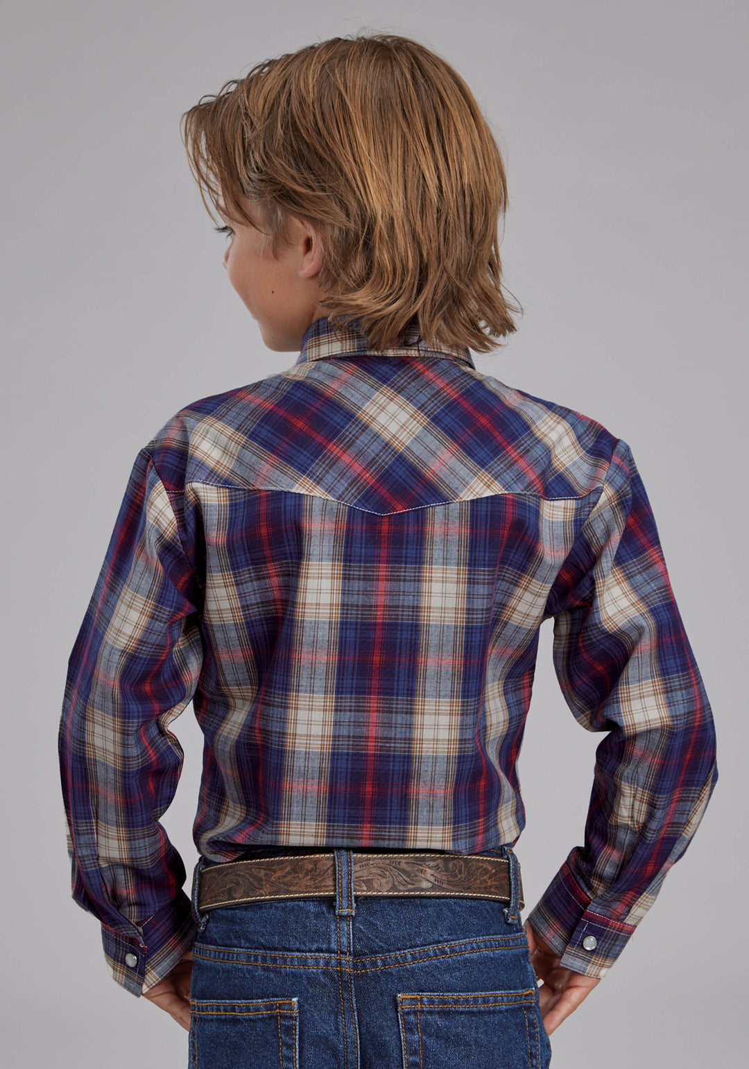 BOYS NAVY, CREAM AND RED PLAID LONG SLEEVE SNAP WESTERN SHIRT