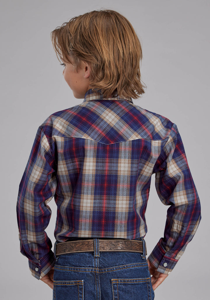BOYS NAVY, CREAM AND RED PLAID LONG SLEEVE SNAP WESTERN SHIRT