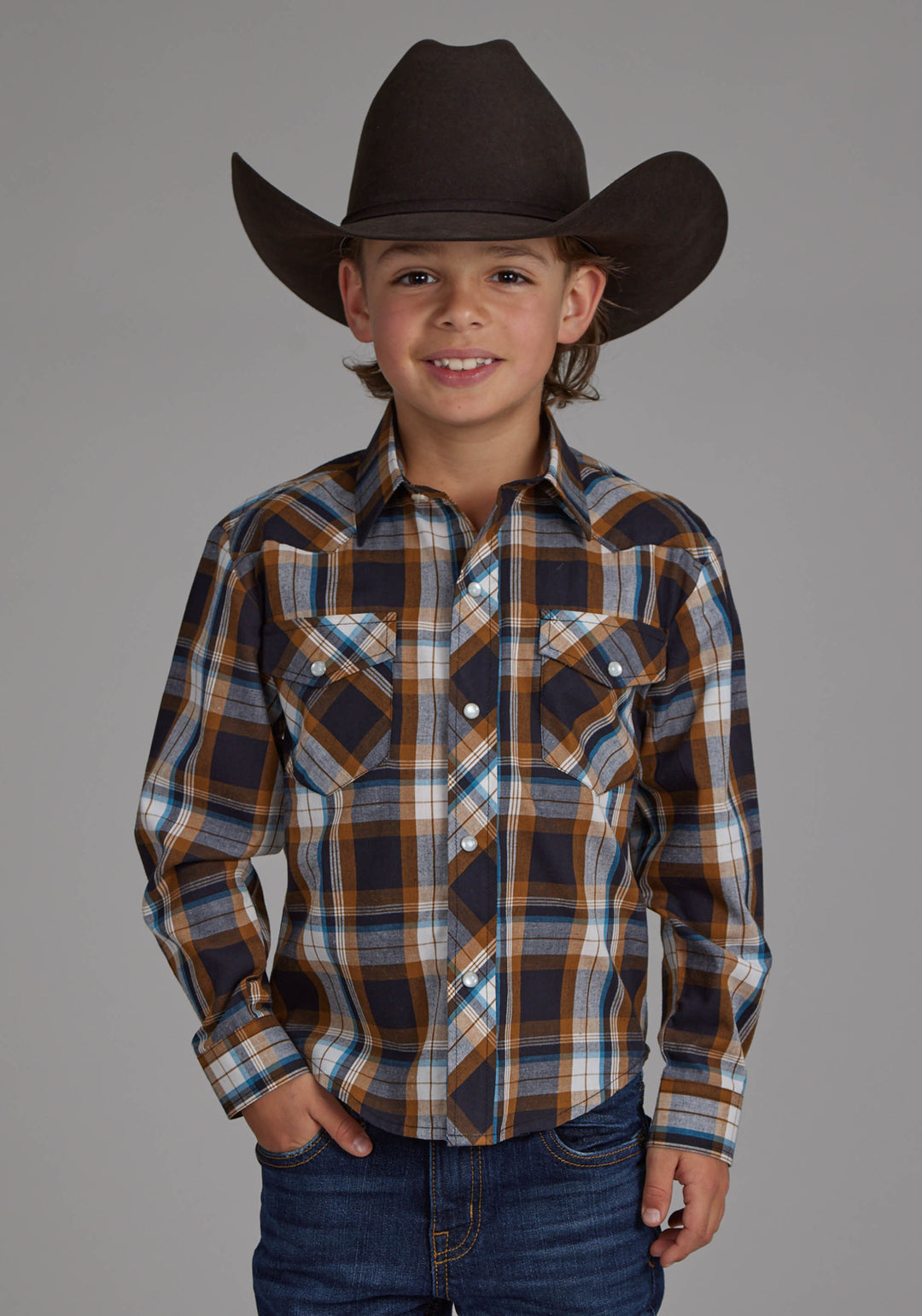 BOYS CARAMEL, NAVY, AND TEAL PLAID LONG SLEEVE SNAP WESTERN SHIRT