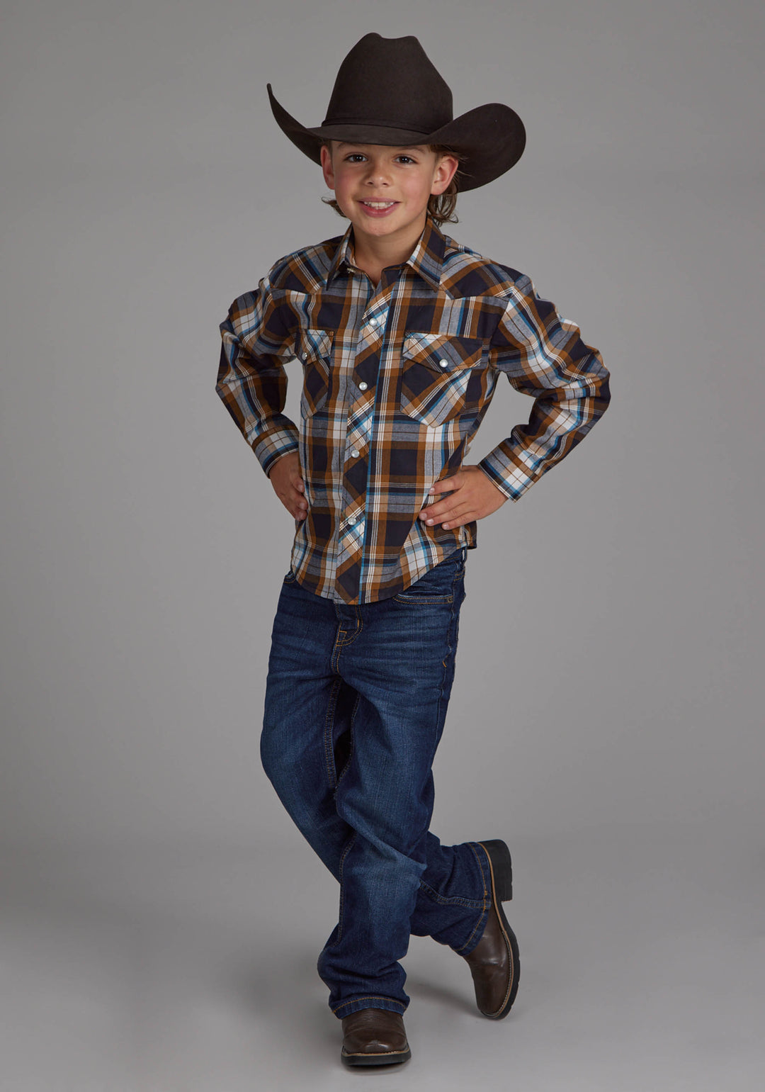 BOYS CARAMEL, NAVY, AND TEAL PLAID LONG SLEEVE SNAP WESTERN SHIRT