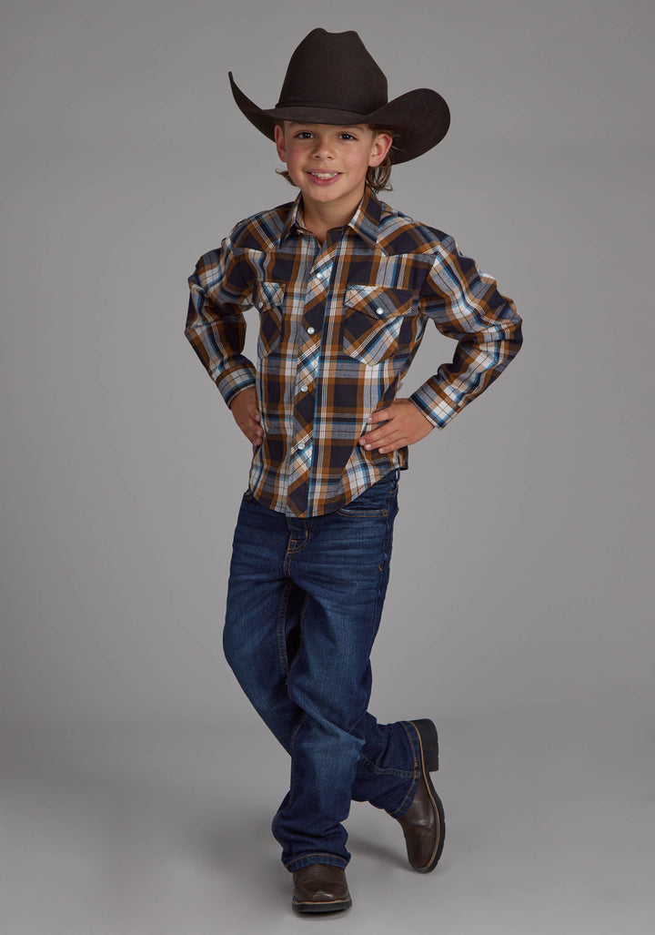 BOYS CARAMEL, NAVY, AND TEAL PLAID LONG SLEEVE SNAP WESTERN SHIRT