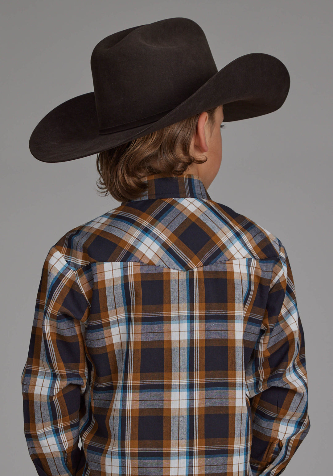 BOYS CARAMEL, NAVY, AND TEAL PLAID LONG SLEEVE SNAP WESTERN SHIRT