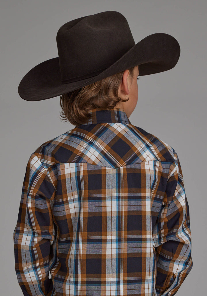 BOYS CARAMEL, NAVY, AND TEAL PLAID LONG SLEEVE SNAP WESTERN SHIRT