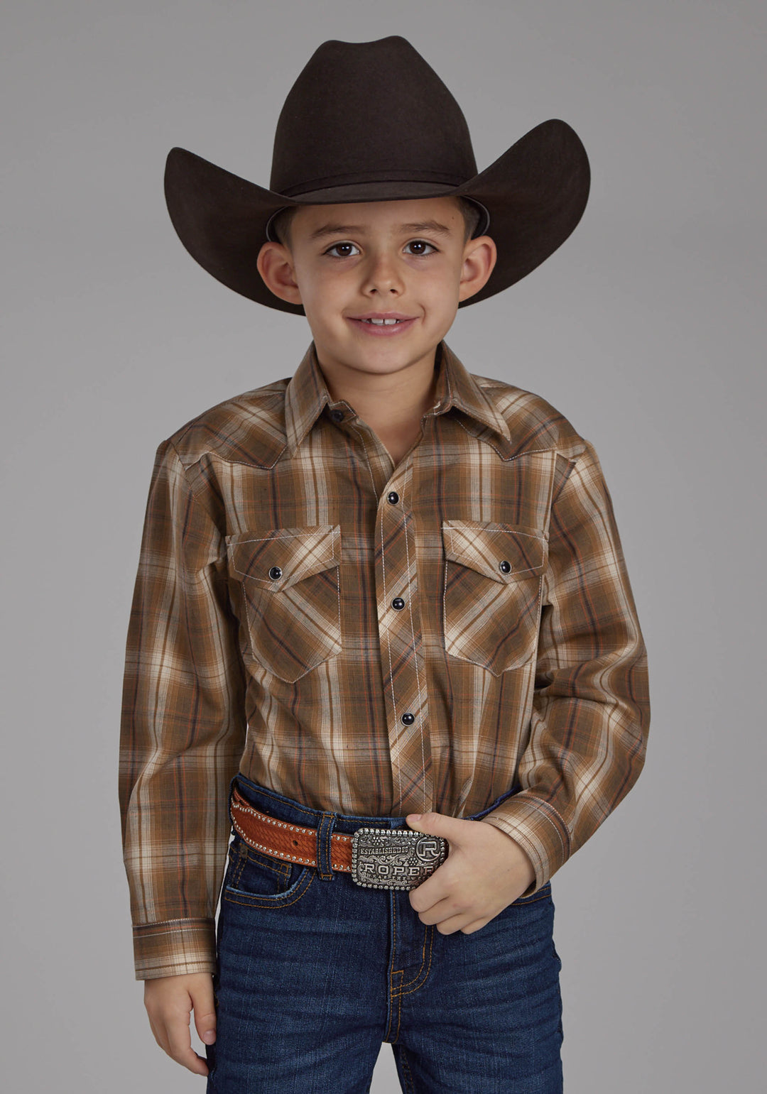BOYS TOBACCO, BLACK AND RED PLAID LONG SLEEVE SNAP WESTERN SHIRT