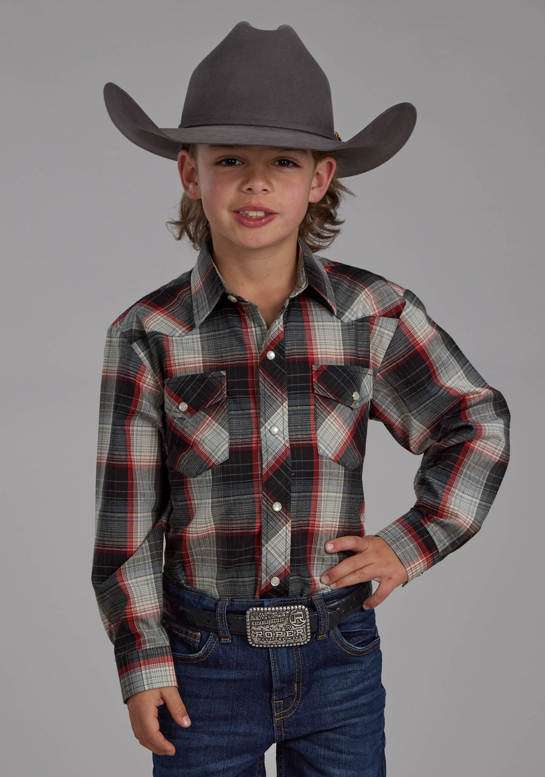 BOYS BLACK, GRAY, CREAM AND RED PLAID LONG SLEEVE SNAP WESTERN SHIRT