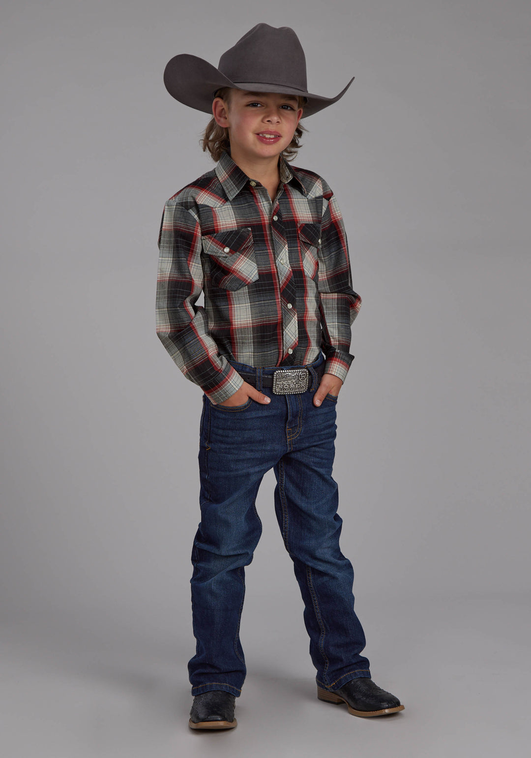 BOYS BLACK, GRAY, CREAM AND RED PLAID LONG SLEEVE SNAP WESTERN SHIRT