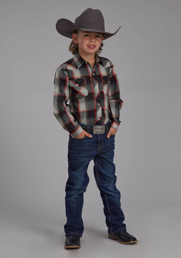 BOYS BLACK, GRAY, CREAM AND RED PLAID LONG SLEEVE SNAP WESTERN SHIRT