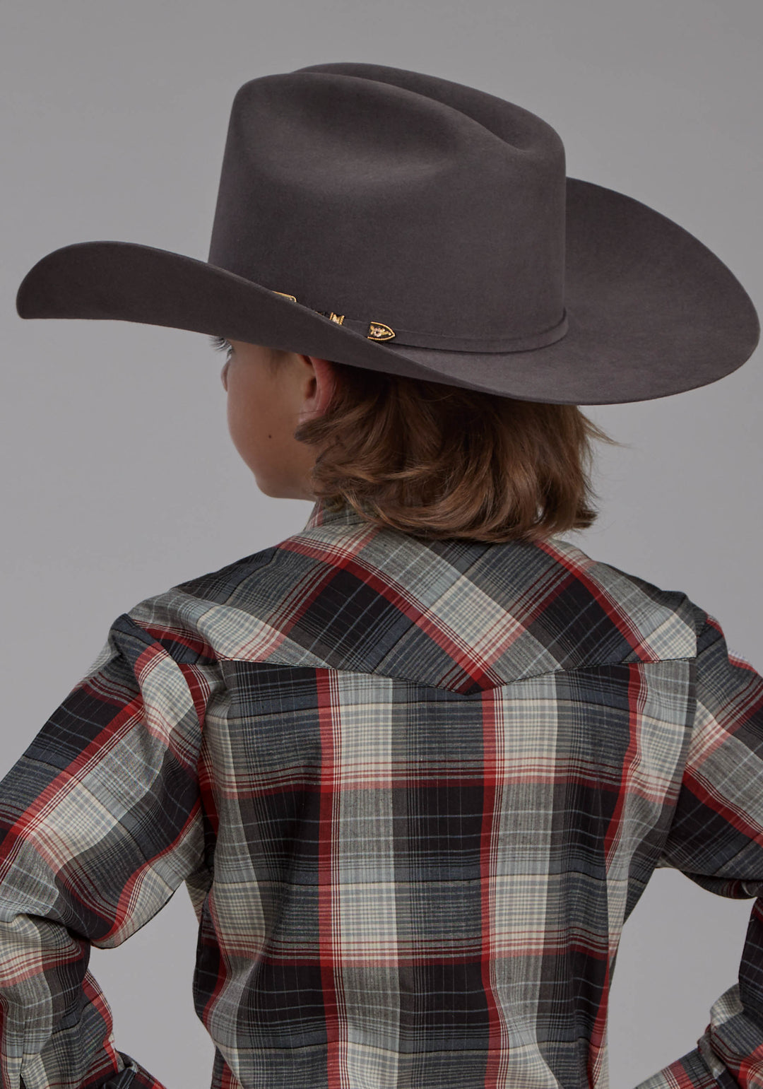 BOYS BLACK, GRAY, CREAM AND RED PLAID LONG SLEEVE SNAP WESTERN SHIRT