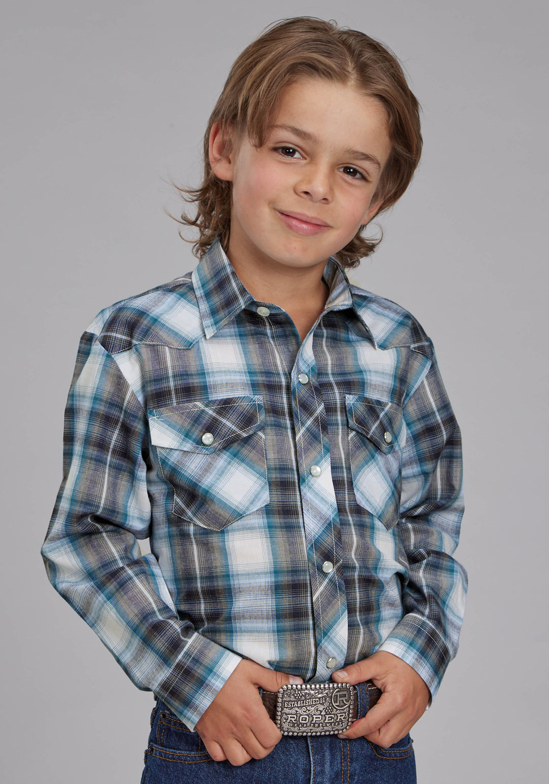 BOYS NAVY, TEAL, AND WHITE PLAID LONG SLEEVE SNAP WESTERN SHIRT