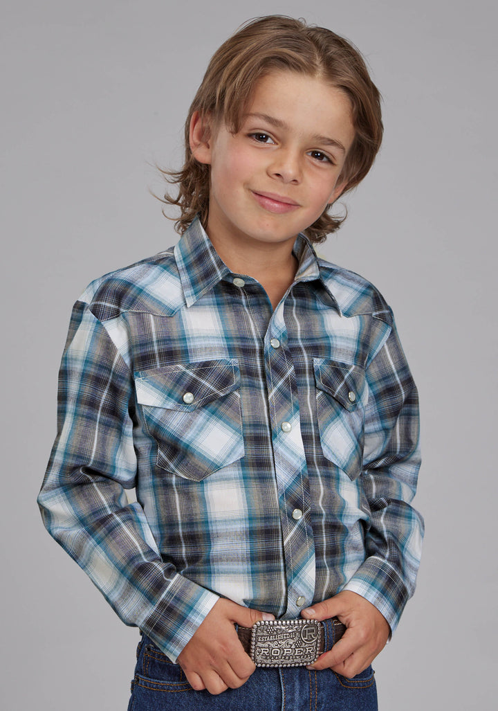 BOYS NAVY, TEAL, AND WHITE PLAID LONG SLEEVE SNAP WESTERN SHIRT