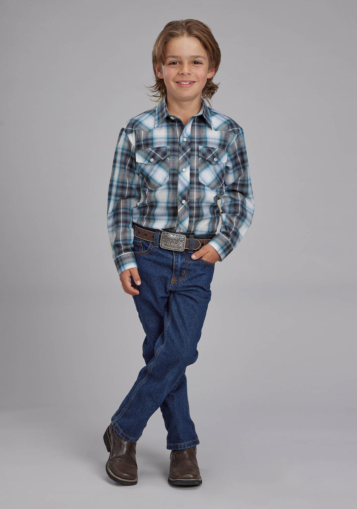 BOYS NAVY, TEAL, AND WHITE PLAID LONG SLEEVE SNAP WESTERN SHIRT
