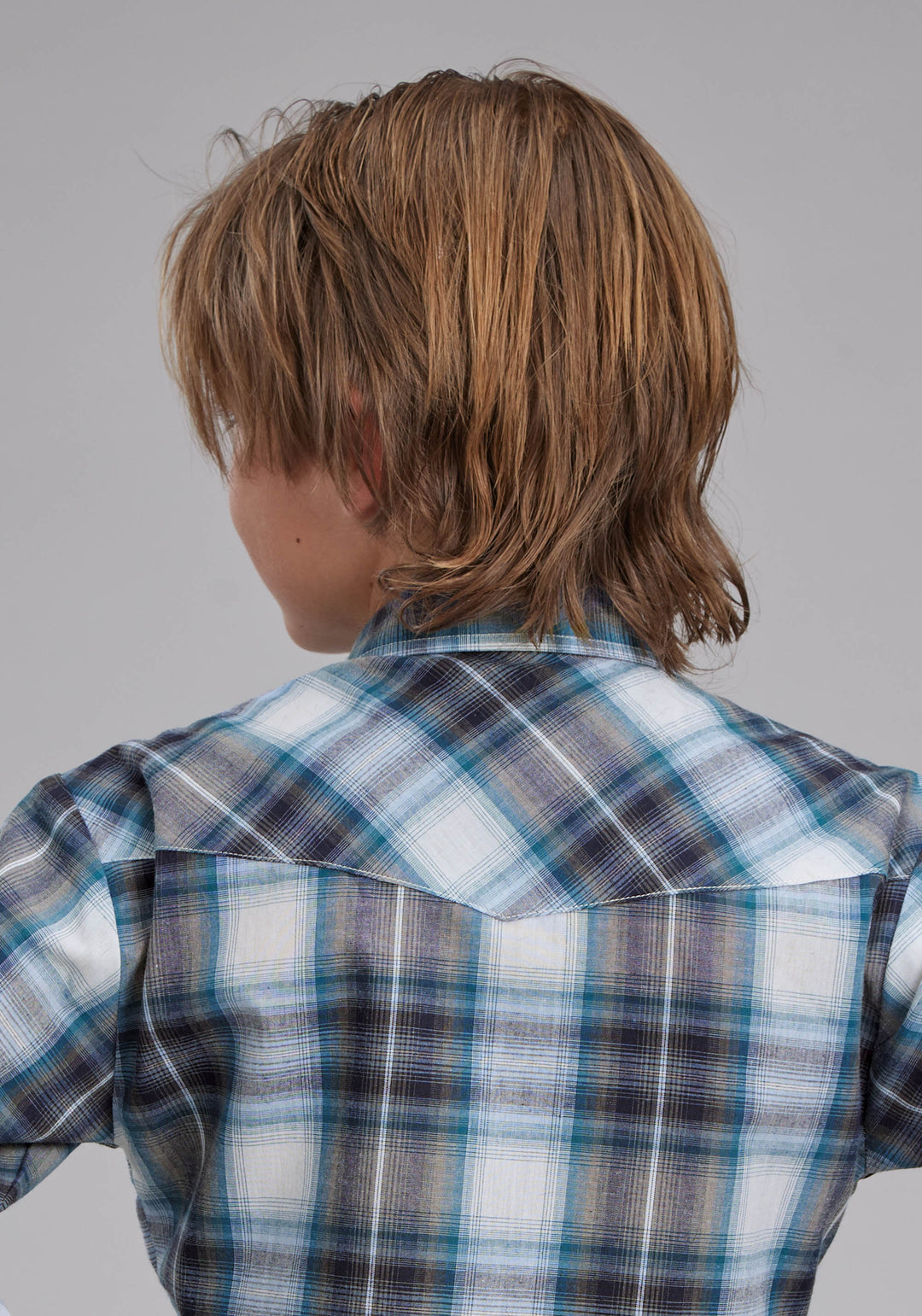 BOYS NAVY, TEAL, AND WHITE PLAID LONG SLEEVE SNAP WESTERN SHIRT