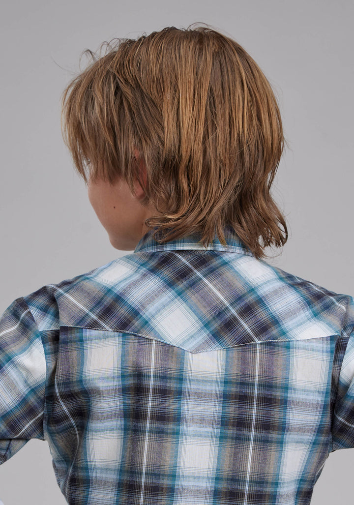 BOYS NAVY, TEAL, AND WHITE PLAID LONG SLEEVE SNAP WESTERN SHIRT