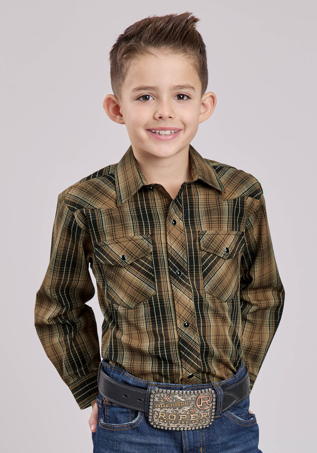 BOYS LONG SLEEVE SNAP BROWN BLACK TAN PLAID WESTERN SHIRT