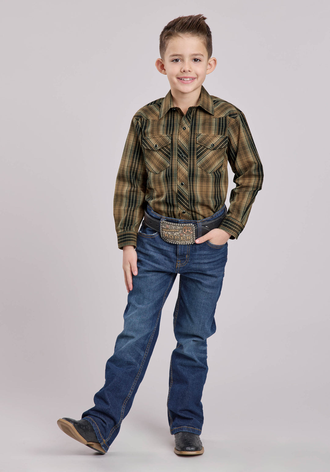 BOYS LONG SLEEVE SNAP BROWN BLACK TAN PLAID WESTERN SHIRT