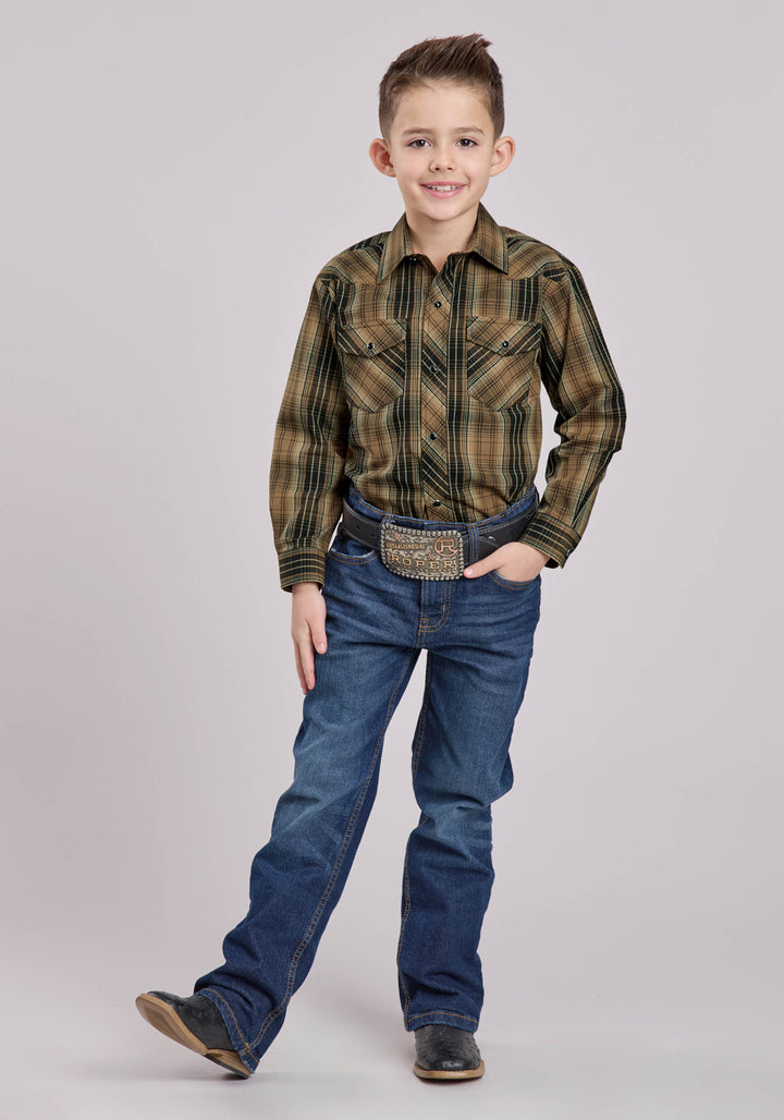 BOYS LONG SLEEVE SNAP BROWN BLACK TAN PLAID WESTERN SHIRT