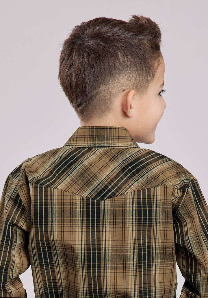 BOYS LONG SLEEVE SNAP BROWN BLACK TAN PLAID WESTERN SHIRT