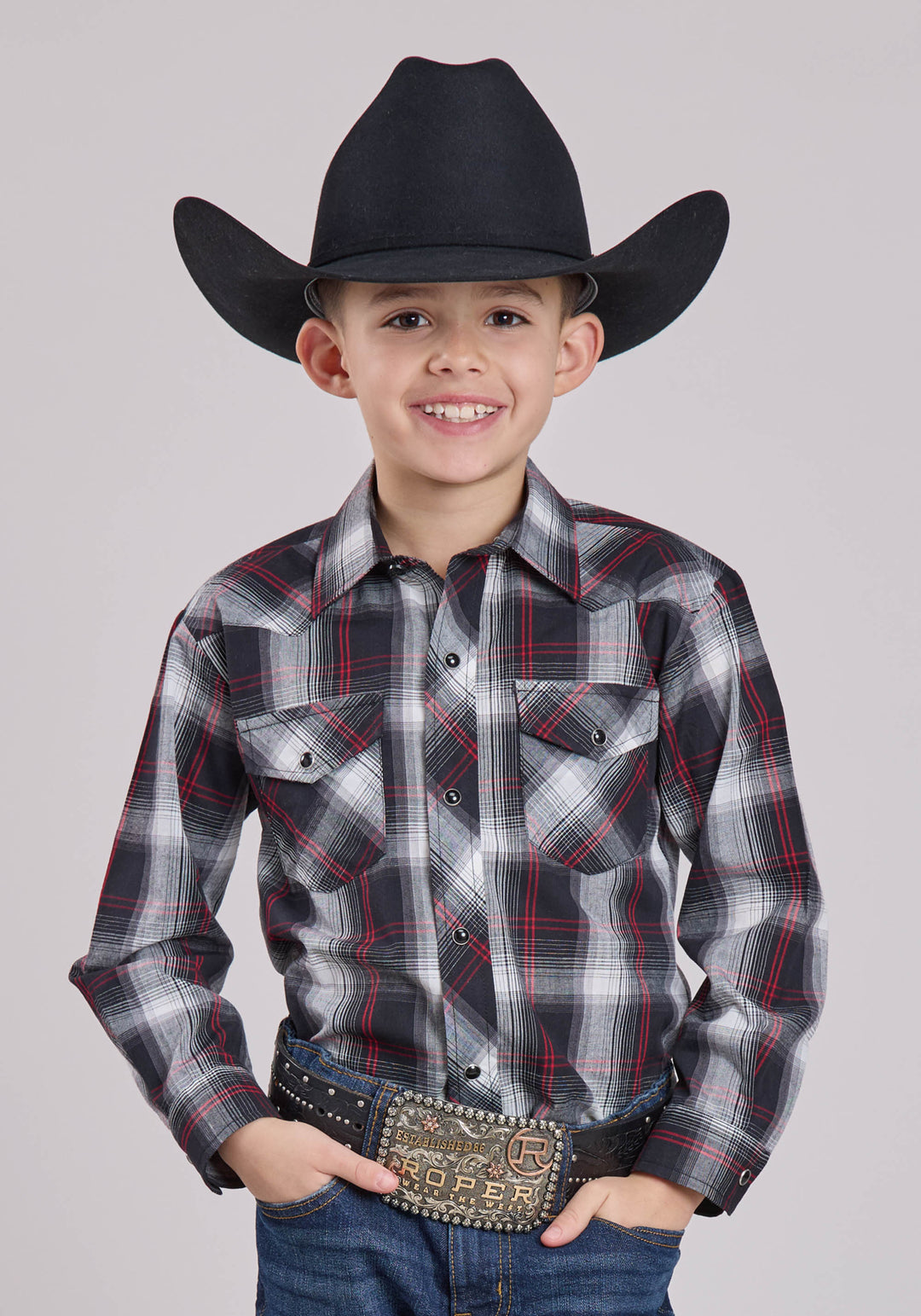 BOYS LONG SLEEVE SNAP BLACK WHITE RED PLAID WESTERN SHIRT