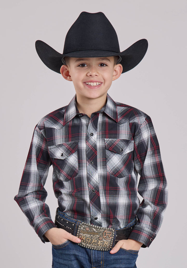 BOYS LONG SLEEVE SNAP BLACK WHITE RED PLAID WESTERN SHIRT