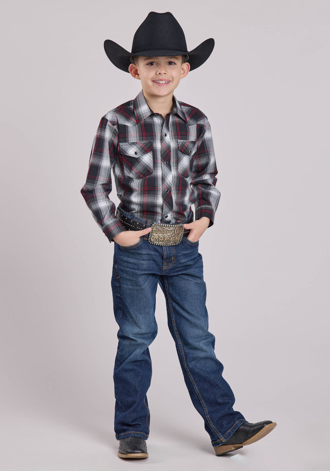 BOYS LONG SLEEVE SNAP BLACK WHITE RED PLAID WESTERN SHIRT