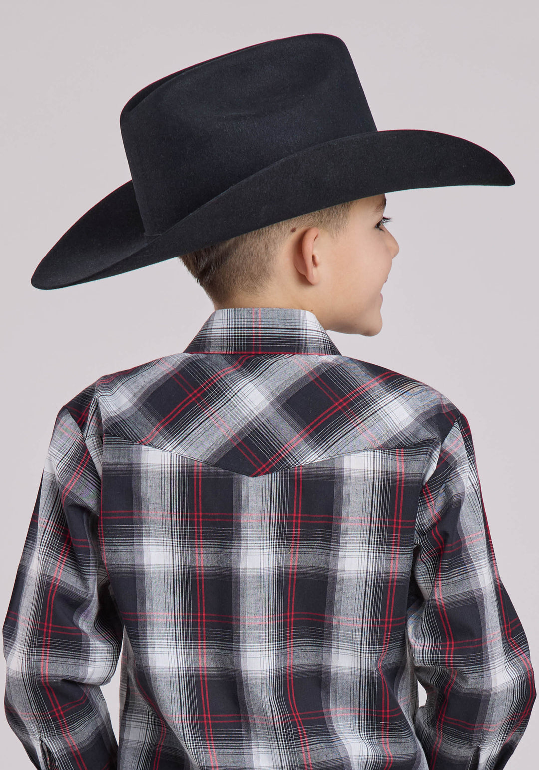 BOYS LONG SLEEVE SNAP BLACK WHITE RED PLAID WESTERN SHIRT
