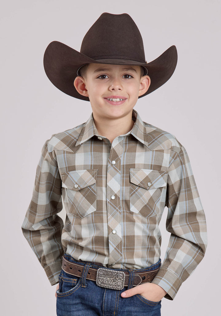 BOYS LONG SLEEVE SNAP BROWN GREY PERI PLAID WESTERN SHIRT