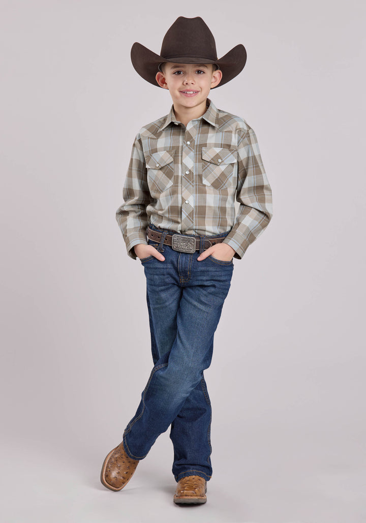 BOYS LONG SLEEVE SNAP BROWN GREY PERI PLAID WESTERN SHIRT