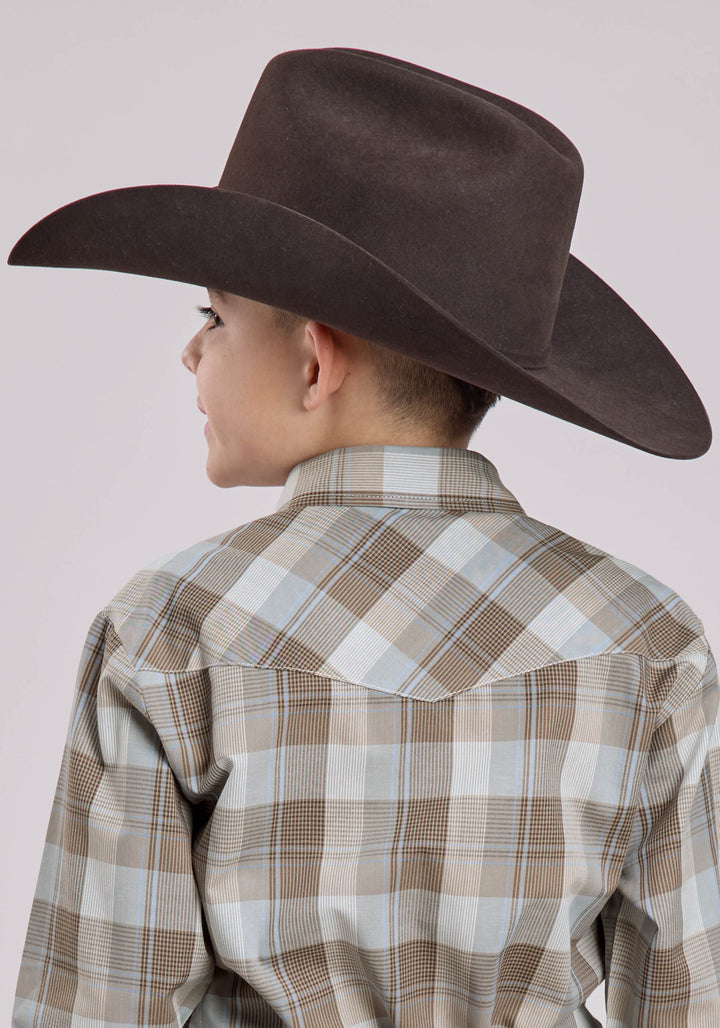 BOYS LONG SLEEVE SNAP BROWN GREY PERI PLAID WESTERN SHIRT