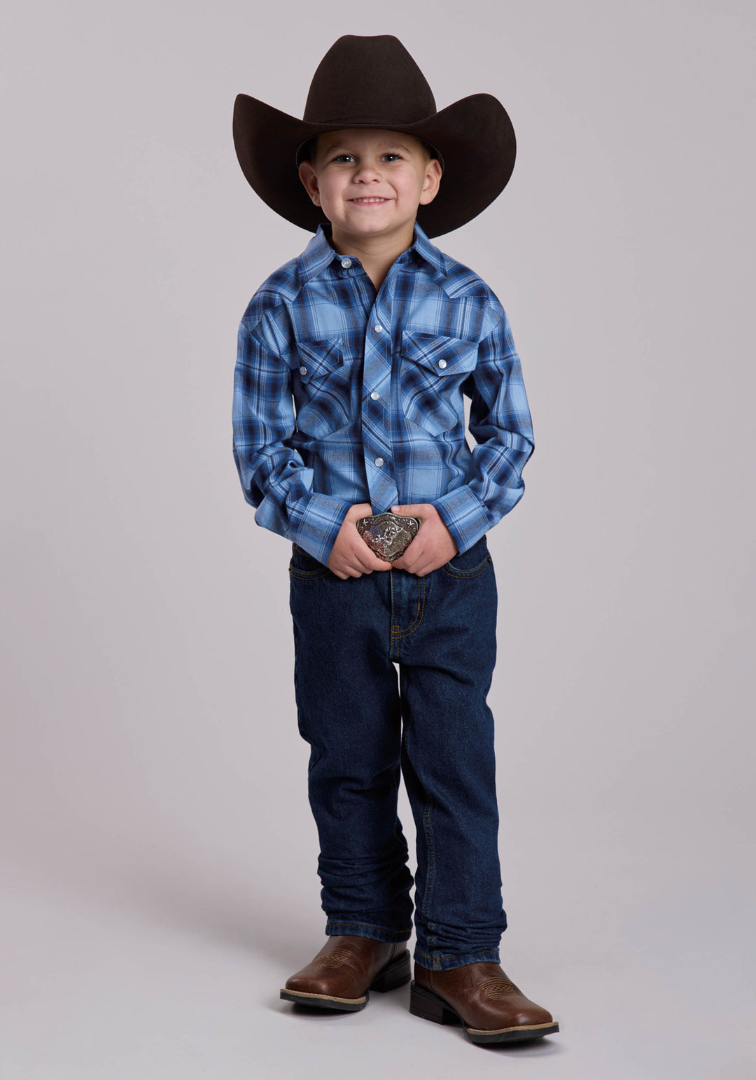 BOYS ROPER MULTI BLUE PLAID WESTERN SNAP SHIRT