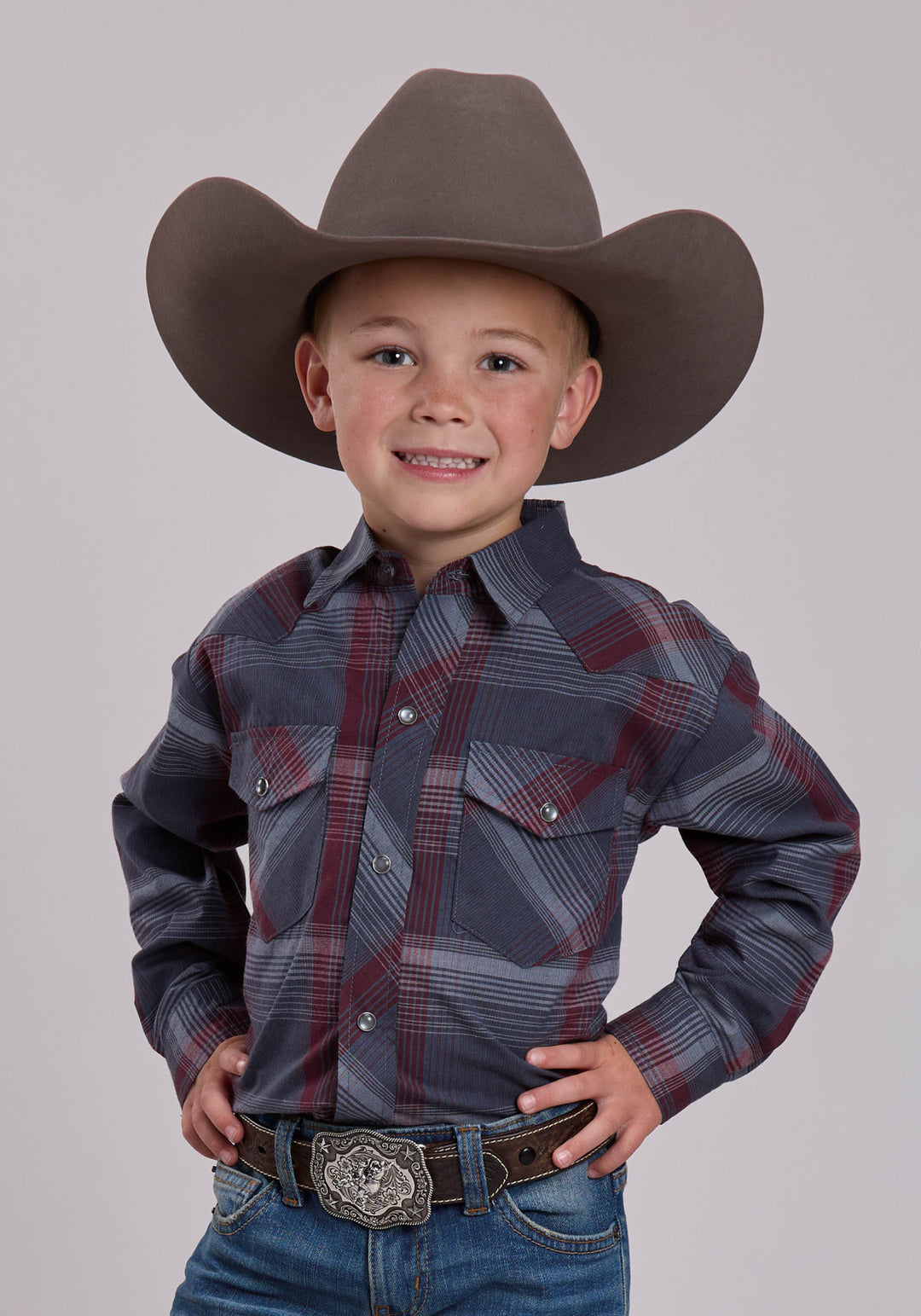 BOYS ROPER GREY AND WINE PLAID WESTERN SNAP SHIRT
