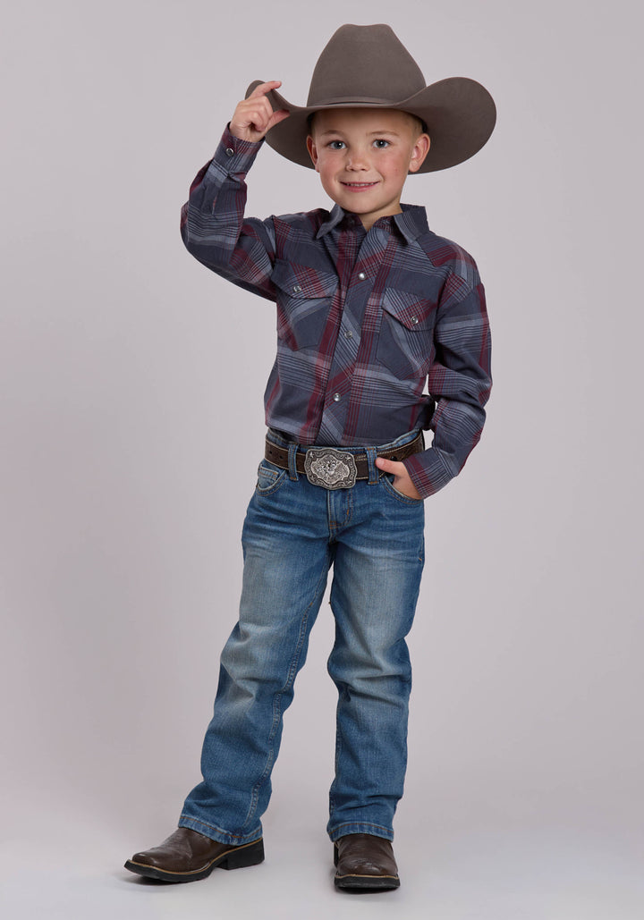 BOYS ROPER GREY AND WINE PLAID WESTERN SNAP SHIRT