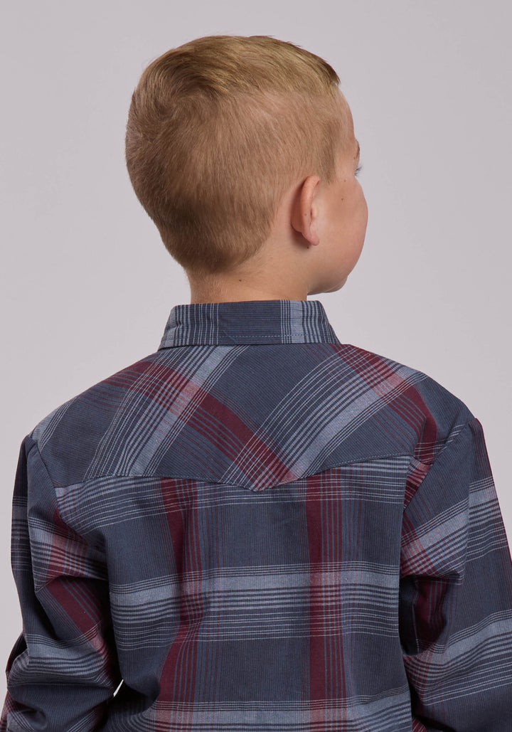 BOYS ROPER GREY AND WINE PLAID WESTERN SNAP SHIRT
