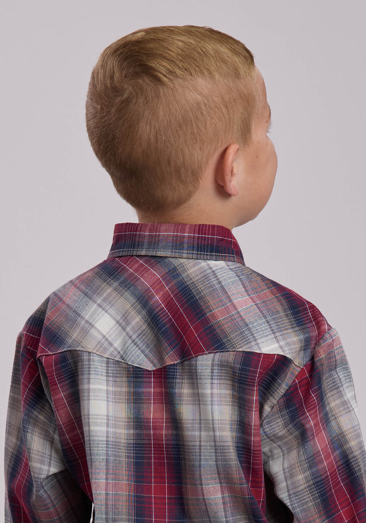 BOYS ROPER GREY AND TAN AND RED PLAID WESTERN SNAP SHIRT