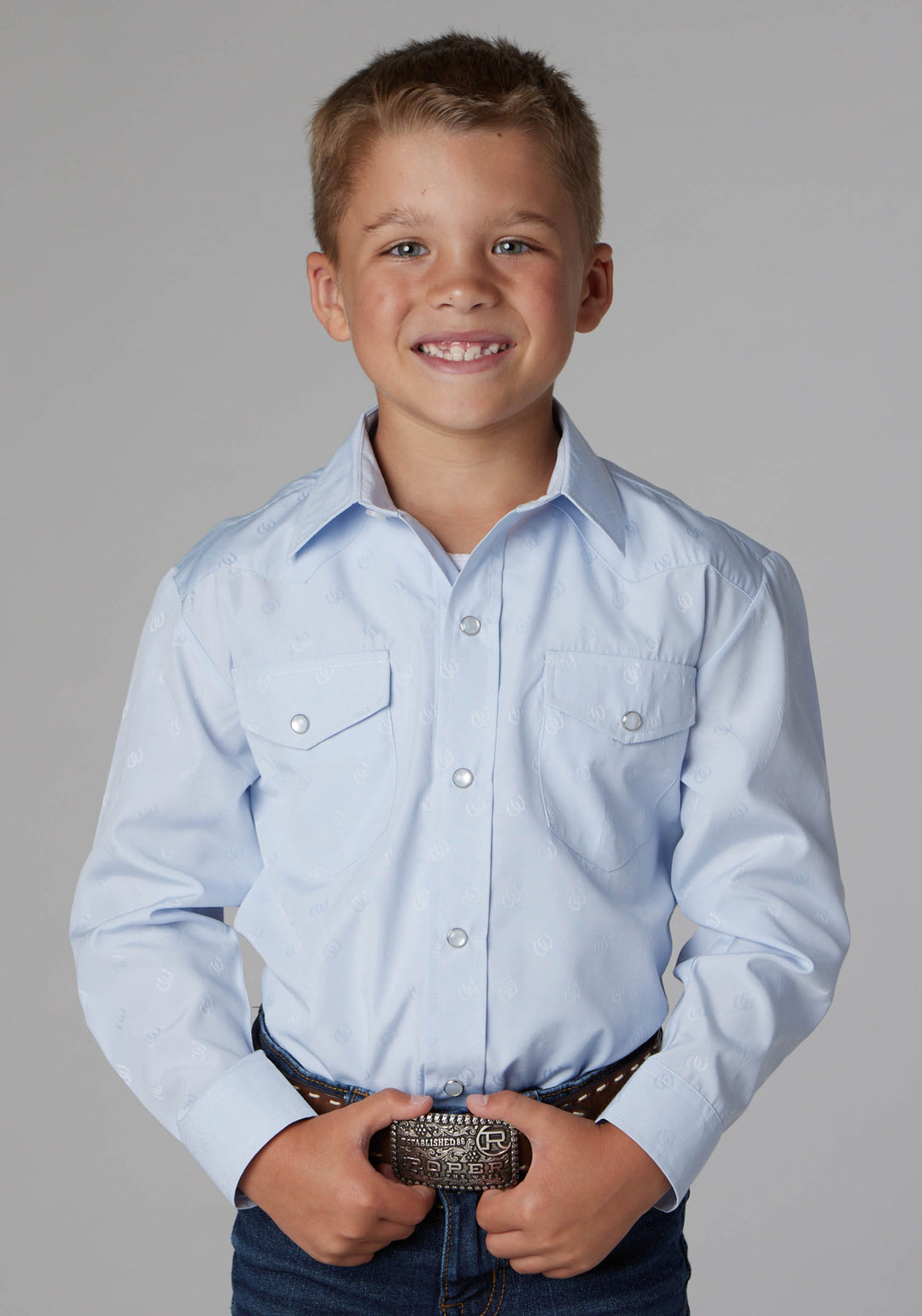 BOYS LIGHT BLUE TONE ON TONE HORSESHOES LONG SLEEVE SNAP WESTERN SHIRT