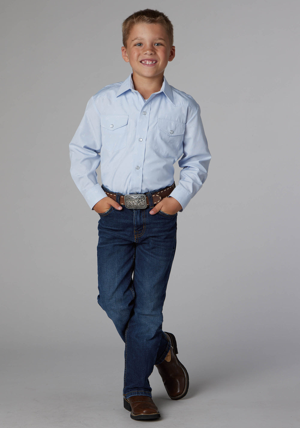 BOYS LIGHT BLUE TONE ON TONE HORSESHOES LONG SLEEVE SNAP WESTERN SHIRT