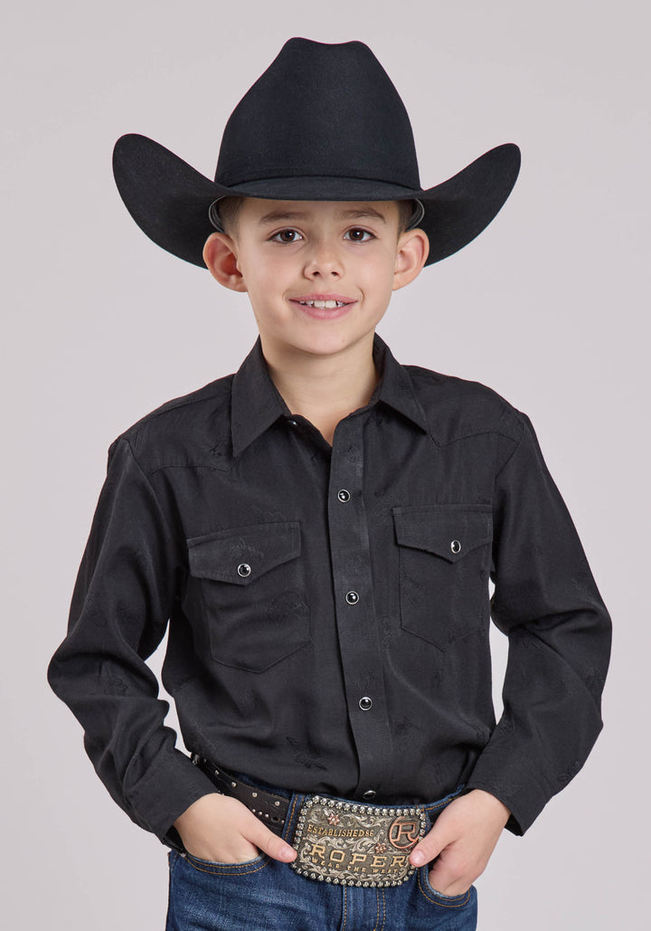 BOYS LONG SLEEVE SNAP BLACK HORSE  FLOWER TONE ON TONE WESTERN SHIRT