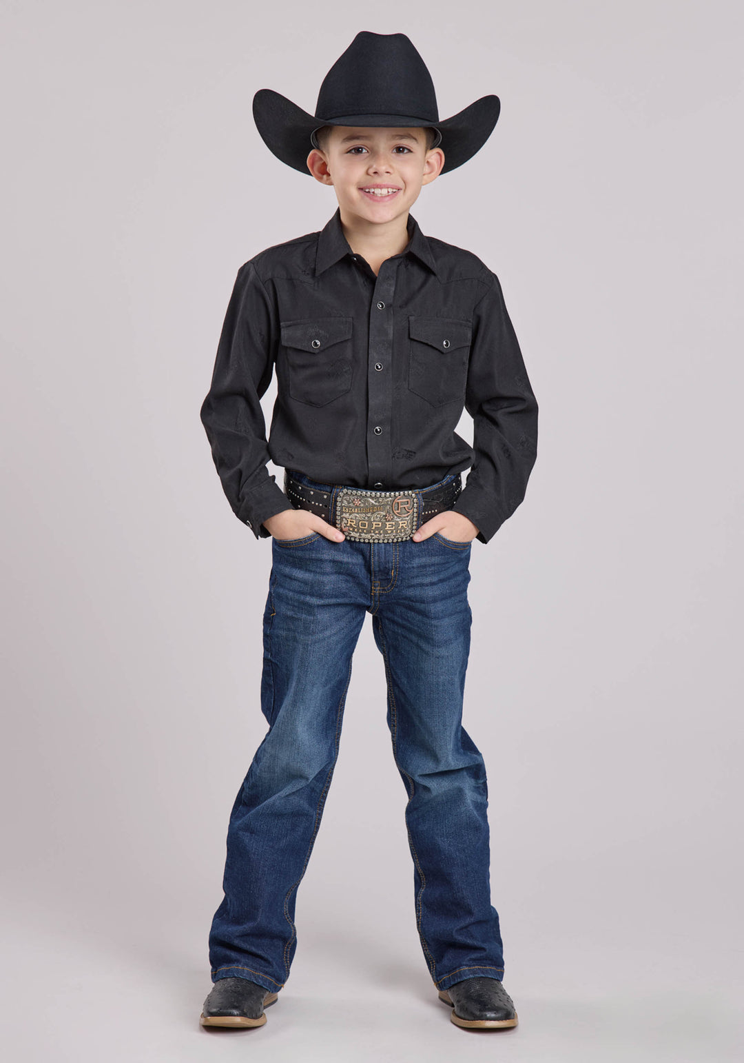 BOYS LONG SLEEVE SNAP BLACK HORSE  FLOWER TONE ON TONE WESTERN SHIRT