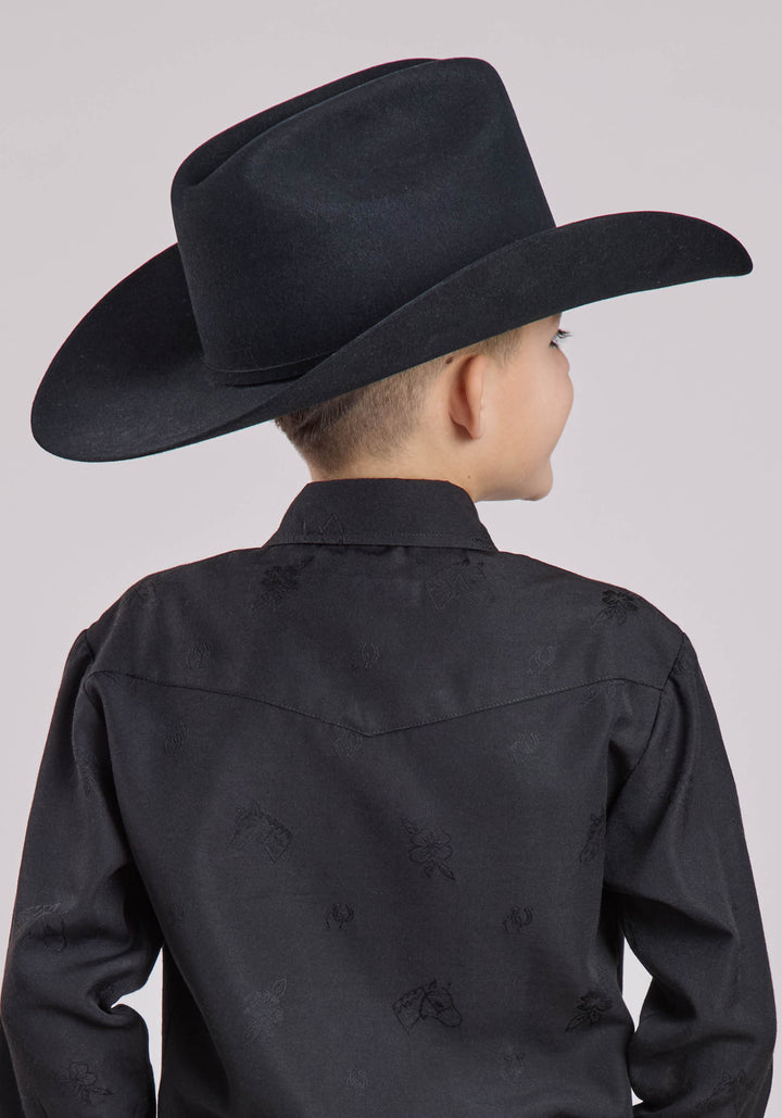 BOYS LONG SLEEVE SNAP BLACK HORSE  FLOWER TONE ON TONE WESTERN SHIRT