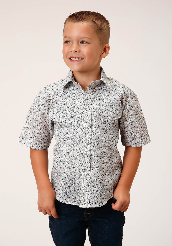 BOYS SHORT SLEEVE SNAP MULTI BLUE MINI FLORAL PRINT WESTERN SHIRT