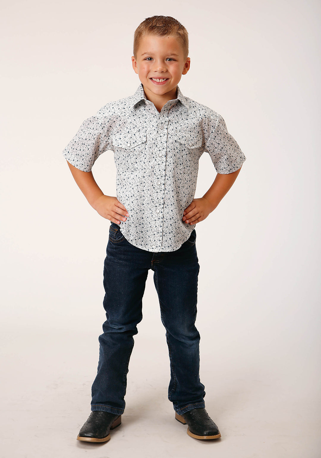 BOYS SHORT SLEEVE SNAP MULTI BLUE MINI FLORAL PRINT WESTERN SHIRT