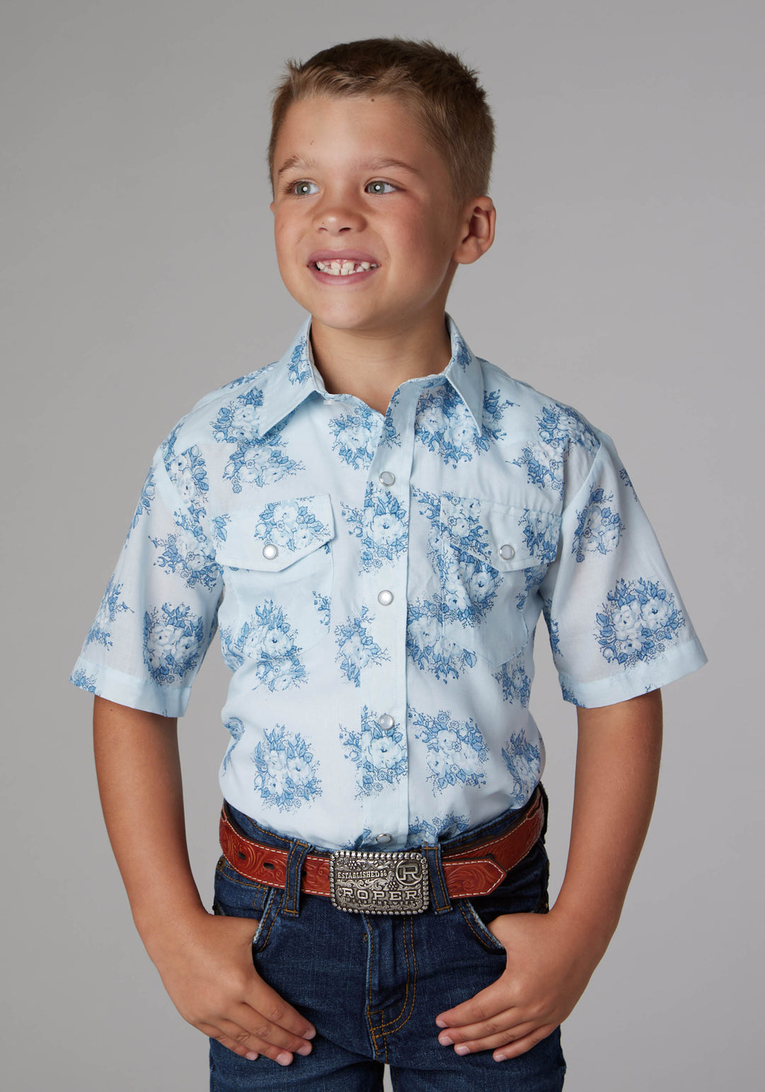 BOYS MULTI BLUE FLORAL PRINT SHORT SLEEVE SNAP WESTERN SHIRT