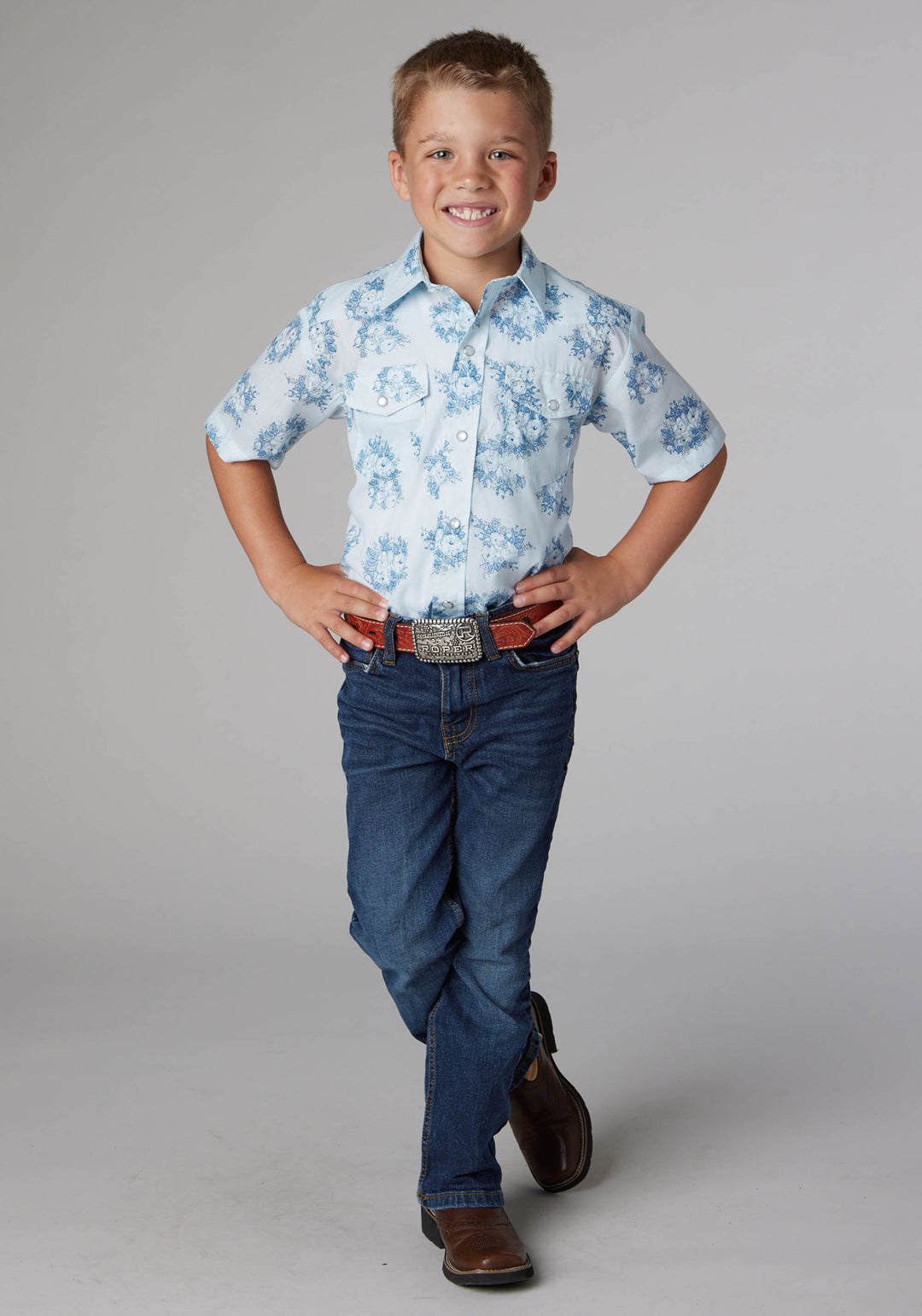 BOYS MULTI BLUE FLORAL PRINT SHORT SLEEVE SNAP WESTERN SHIRT