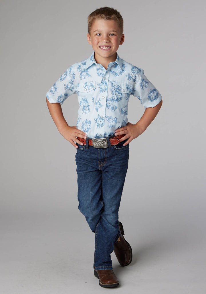 BOYS MULTI BLUE FLORAL PRINT SHORT SLEEVE SNAP WESTERN SHIRT