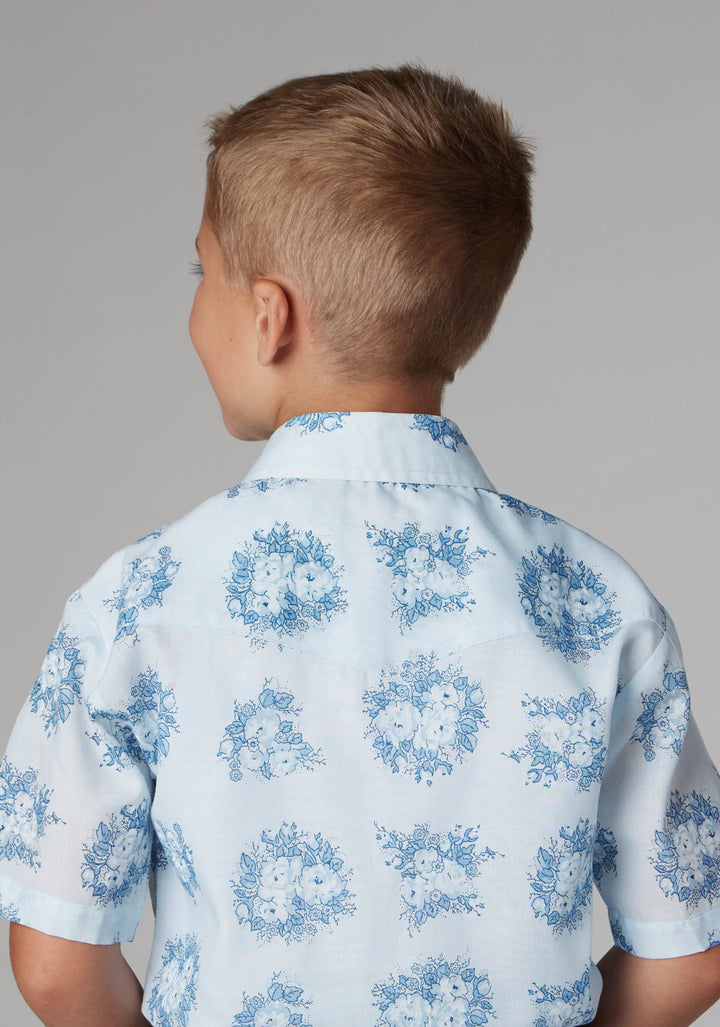 BOYS MULTI BLUE FLORAL PRINT SHORT SLEEVE SNAP WESTERN SHIRT