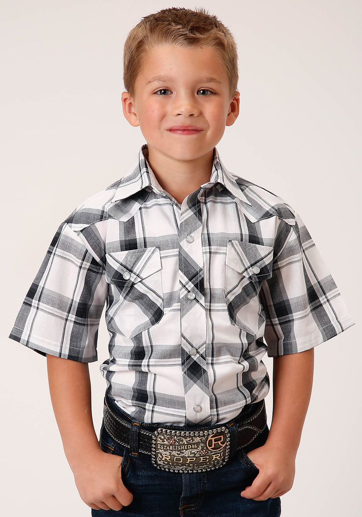 BOYS SHORT SLEEVE SNAP WHITE  BLACK  GREY PLAID WESTERN SHIRT