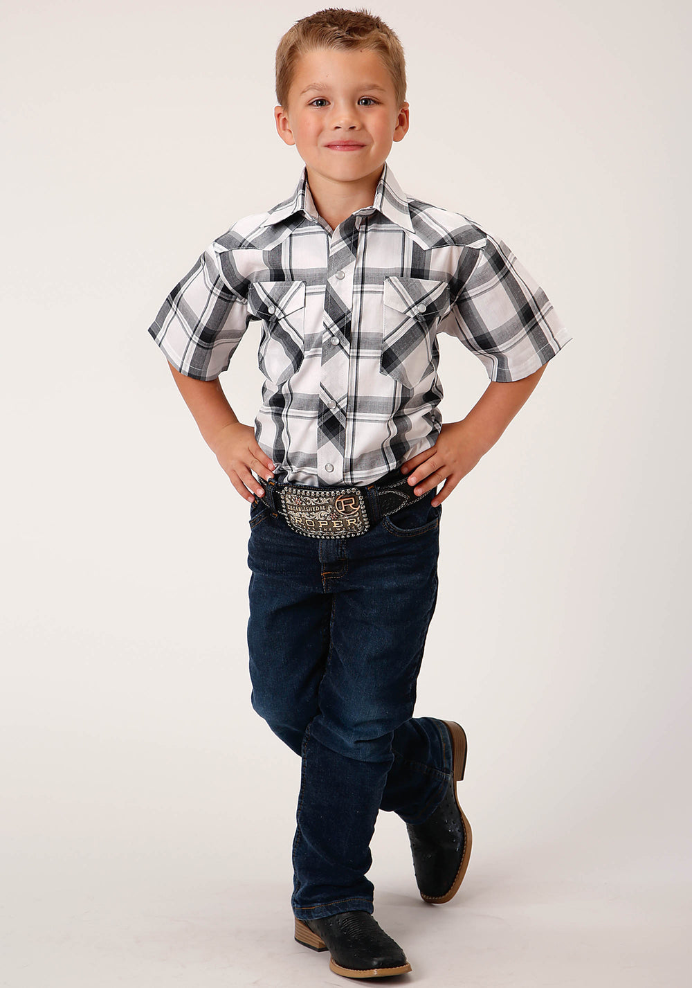 BOYS SHORT SLEEVE SNAP WHITE  BLACK  GREY PLAID WESTERN SHIRT