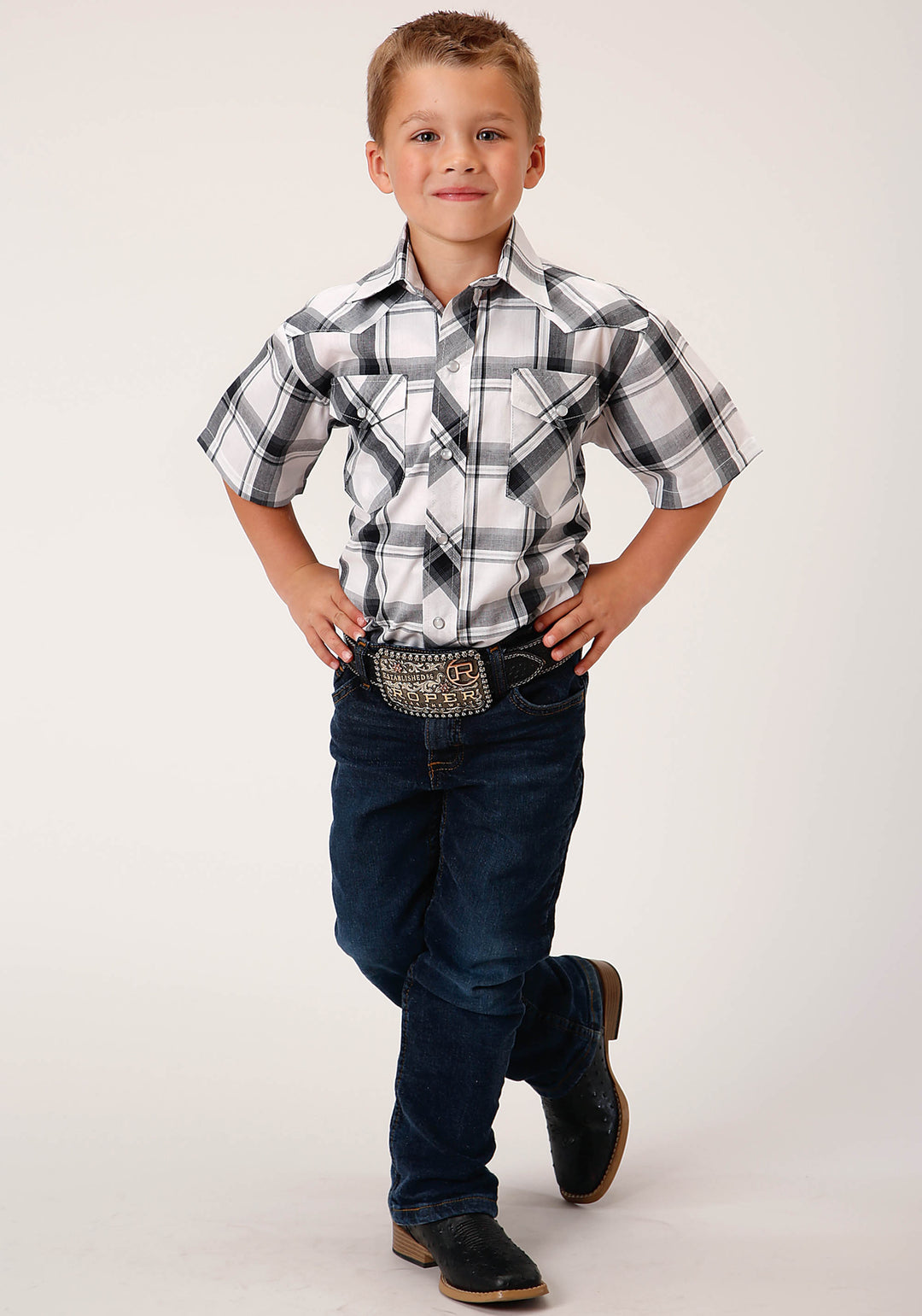 BOYS SHORT SLEEVE SNAP WHITE  BLACK  GREY PLAID WESTERN SHIRT