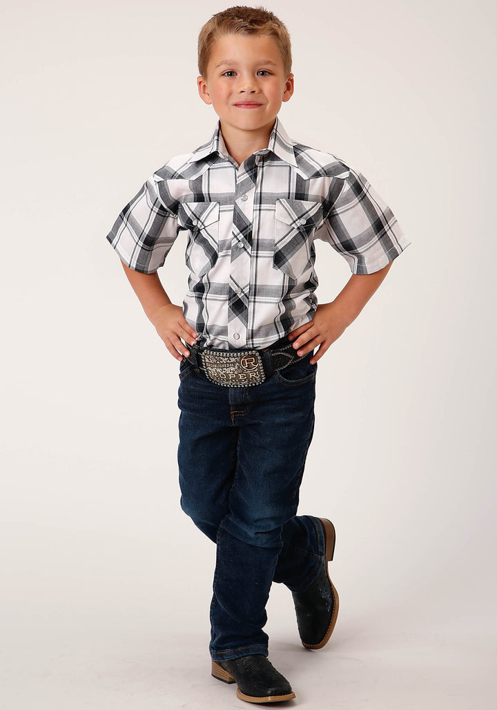 BOYS SHORT SLEEVE SNAP WHITE  BLACK  GREY PLAID WESTERN SHIRT