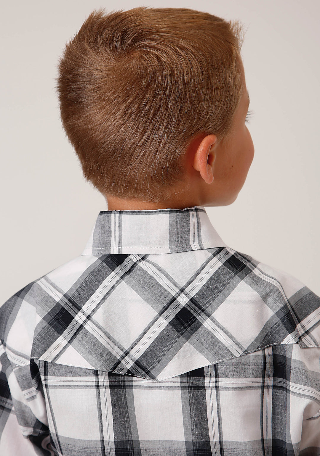 BOYS SHORT SLEEVE SNAP WHITE  BLACK  GREY PLAID WESTERN SHIRT